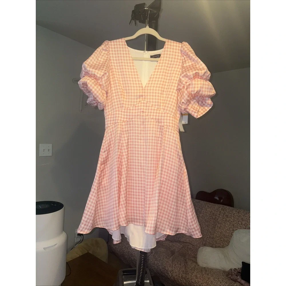 1. State Dress Small Puff Sleeve V Neck Mini Dress Pink Gingham Baby Doll Dress - Picture 3 of 7
